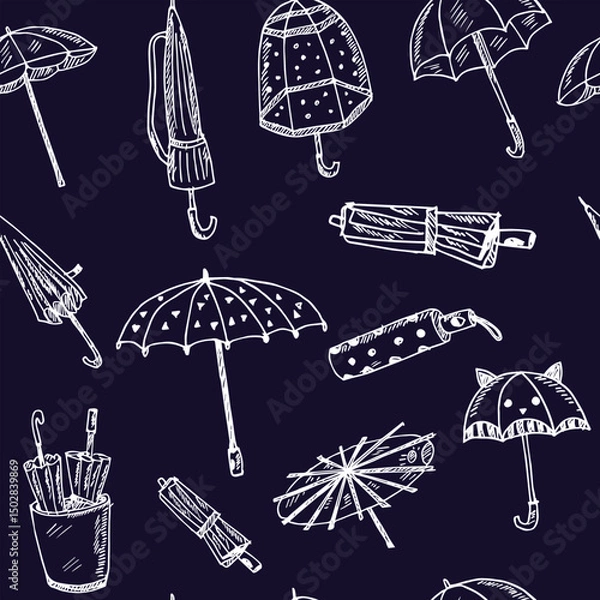 Fototapeta Umbrella hand drawn doodle seamless pattern. Isolated elements on white background. Symbol collection.