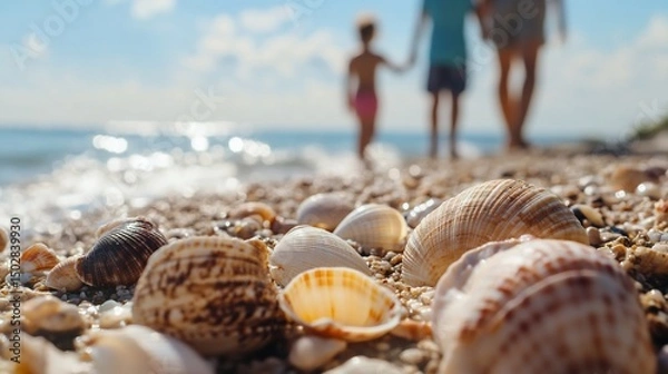 Fototapeta Seashells on the Beach with Family in the Background