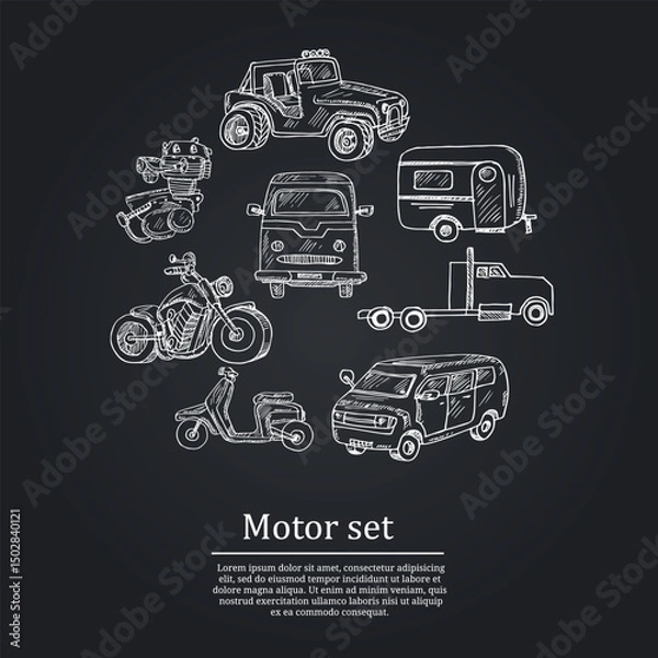 Fototapeta Motor hand drawn doodle set. Vector illustration. Isolated elements on white background. Symbol collection.