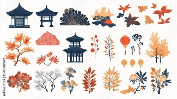 Fototapeta Elegant Asian-Inspired Botanical and Architectural Elements