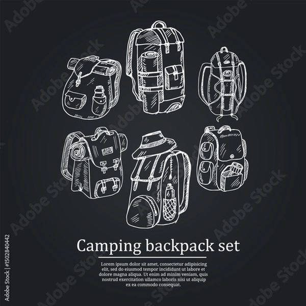 Fototapeta Camping backpack hand drawn doodle set. Vector illustration. Isolated elements on white background. Symbol collection.