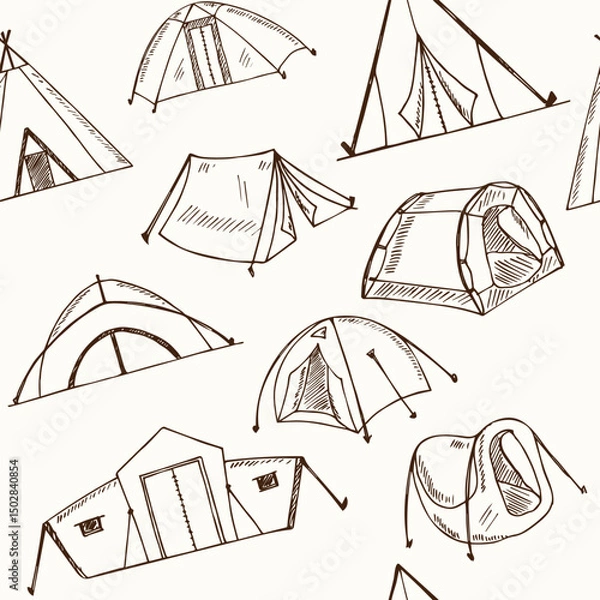 Fototapeta Hiking and camping hand drawn doodle seamless pattern Vector illustration. Isolated elements on white background. Symbol collection.