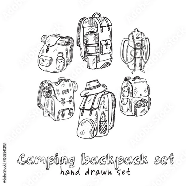 Fototapeta Camping backpack hand drawn doodle set. Vector illustration. Isolated elements on white background. Symbol collection.