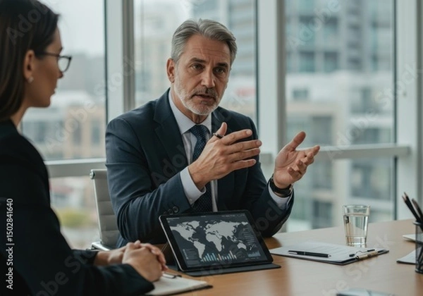 Fototapeta Business people discussing global strategy in a modern office setting