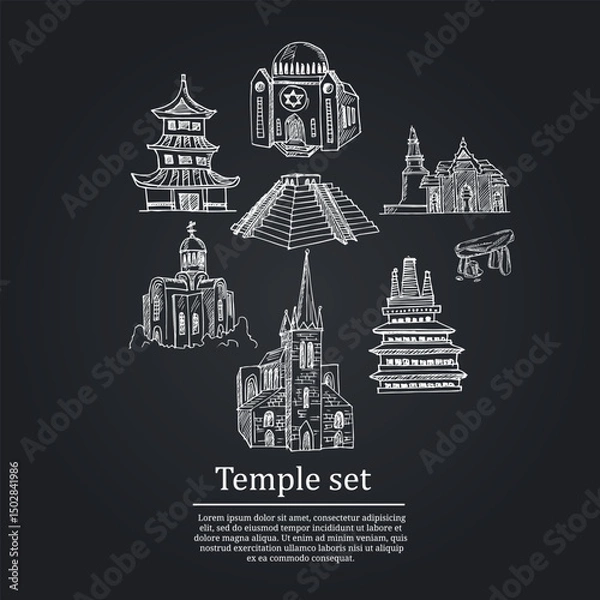 Fototapeta Temple hand drawn doodle set. Isolated elements on white background. Symbol collection.