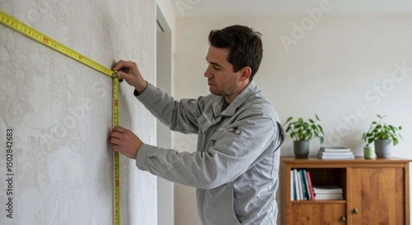 Fototapeta Man measuring a wall with yellow tape measure in an indoor setting
