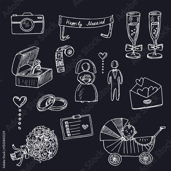 Fototapeta Marriage hand drawn doodle set. Vector illustration. Isolated elements on white background. Symbol collection.