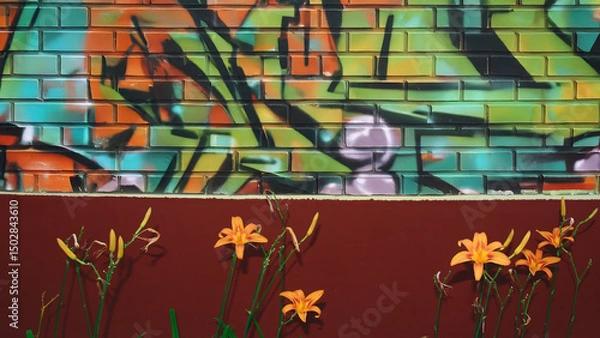 Obraz Lilies in front of a brick wall painted with graffiti