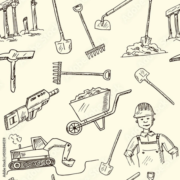 Fototapeta Dig hand drawn doodle seamless pattern. Vector illustration. Isolated elements on white background. Symbol collection.
