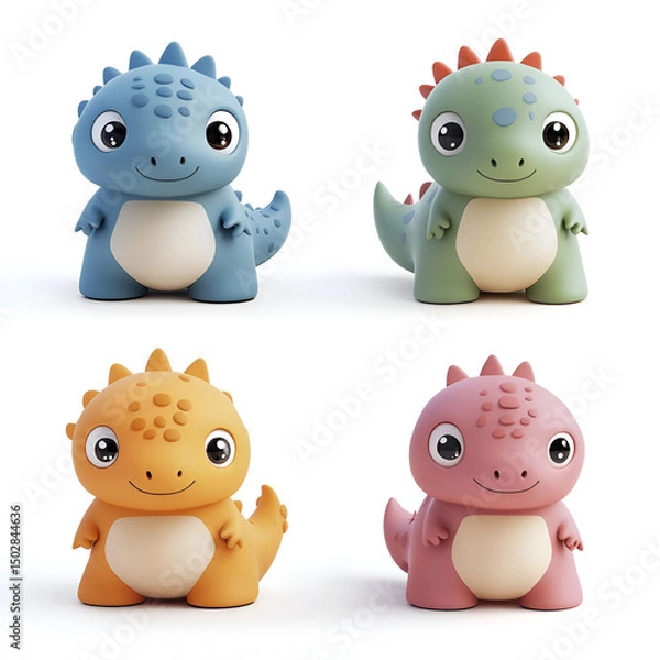 Obraz set of cute Dinosaurs,3d cartoon realistic high quality white background