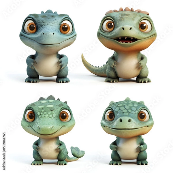 Obraz set of cute Dinosaurs,3d cartoon realistic high quality white background