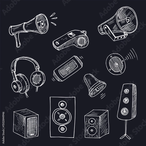 Fototapeta Loud hand drawn doodle set. Vector illustration. Isolated elements on white background. Symbol collection.