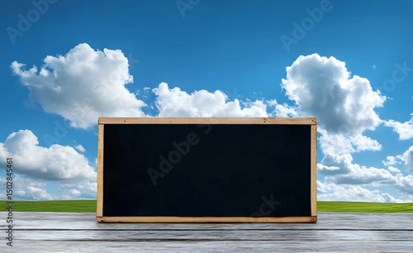Fototapeta Blackboard on rustic wooden table with green grass field and bright sky background. Perfect for education, agriculture, nature theme. Perfect for school, learning, farming and organic farming concept.