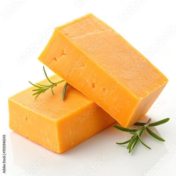 Fototapeta A close up of two blocks of cheddar cheese stacked with rosemary sprigs on a white surface studio shot