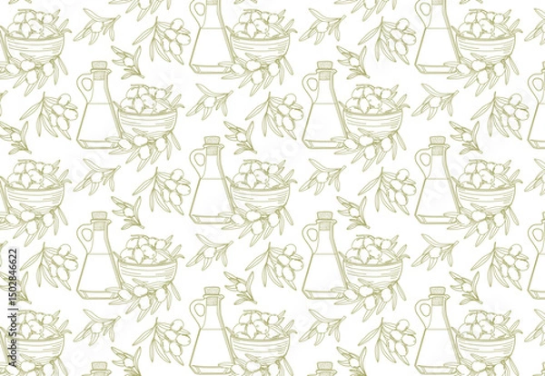 Obraz Seamless vector illustration featuring a pattern of bottles and bowls with olives. Repeating design with olive branches is perfect for culinary or Mediterranean themes.