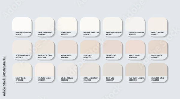 Fototapeta Isabelline Color Palette. Light and Airy Tints Isabelline Variants Tones Swatch Chart with HEX Codes and Color Names. earthy and cream Infused white Tone Palette. refresh painting color white Variants