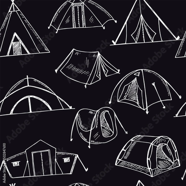 Obraz Hiking and camping hand drawn doodle seamless pattern. Vector illustration. Isolated elements on white background. Symbol collection.