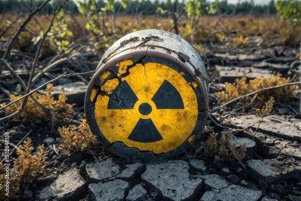 Fototapeta A radioactive barrel sits in the middle of a green field, surrounded by tall grass and wildflowers