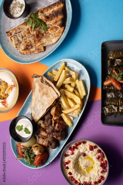 Fototapeta Traditional Lebanese mezze and grill platter with colorful, vibrant presentation.