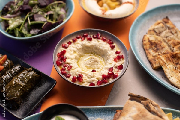 Fototapeta Colorful Lebanese mezze spread with moutabal, vine leaves, and bread.