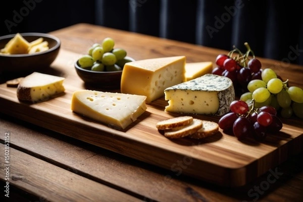 Obraz A wooden cutting board with a variety of cheeses and grapes on top, perfect for a snack or appetizer