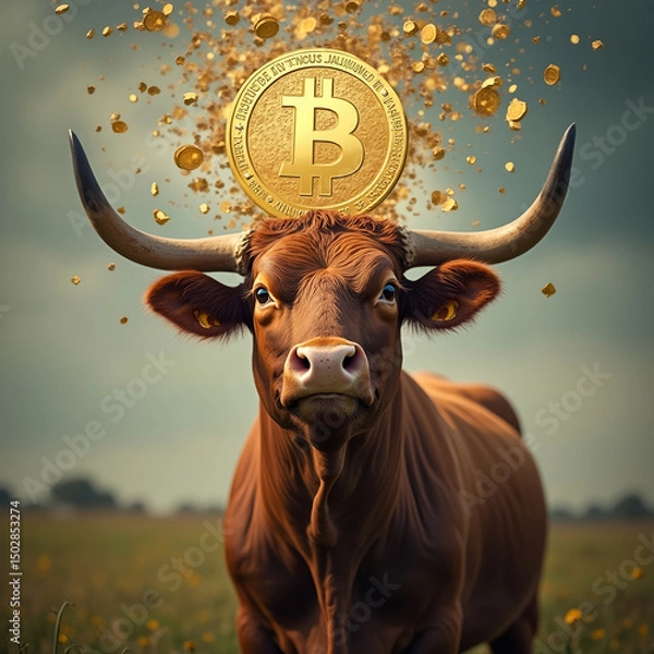 Fototapeta AI generated images of a bull with a bitcoin on his head. Bitcoin Bull market.