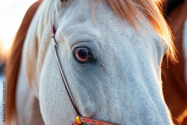 Fototapeta A close-up shot of a white horse with a distinctive red eye