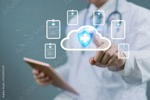 Fototapeta Doctor using digital tablet to access medical records on cloud storage. Healthcare professional touching virtual cloud icon for secure data sharing and online health management.