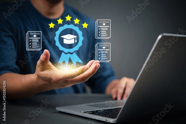 Fototapeta Man holding digital certificate icon with graduation cap, symbolizing online learning achievement. Concept of e-learning, remote education, and professional certification system.