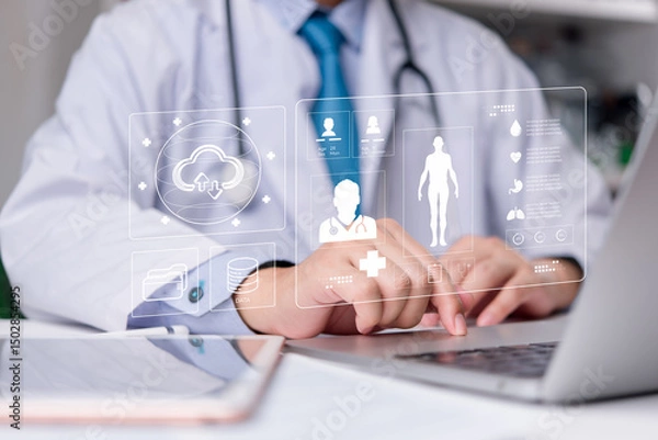 Fototapeta Doctor accessing electronic medical records via digital cloud healthcare platform for patient data management and security.