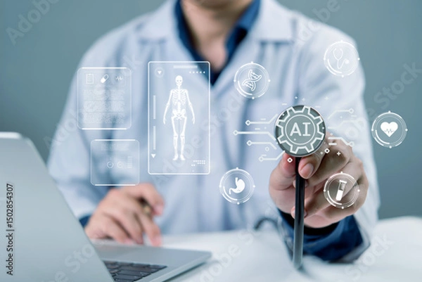 Fototapeta Doctor using AI-powered technology in healthcare, visualizing virtual medical data and diagnostics. Advanced artificial intelligence system supporting modern medical innovation and treatment.