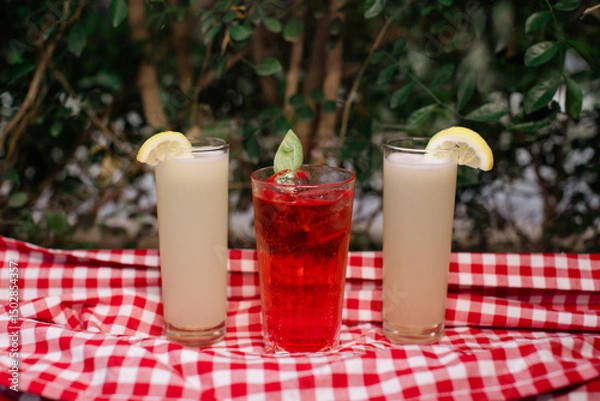 Fototapeta Colorful summer drinks on a checkered cloth with greenery backdrop.