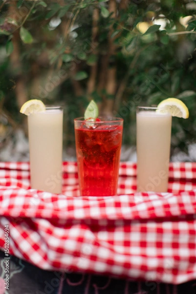 Fototapeta Colorful summer drinks on a checkered cloth with greenery backdrop.