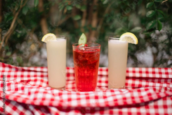 Fototapeta Colorful summer drinks on a checkered cloth with greenery backdrop.