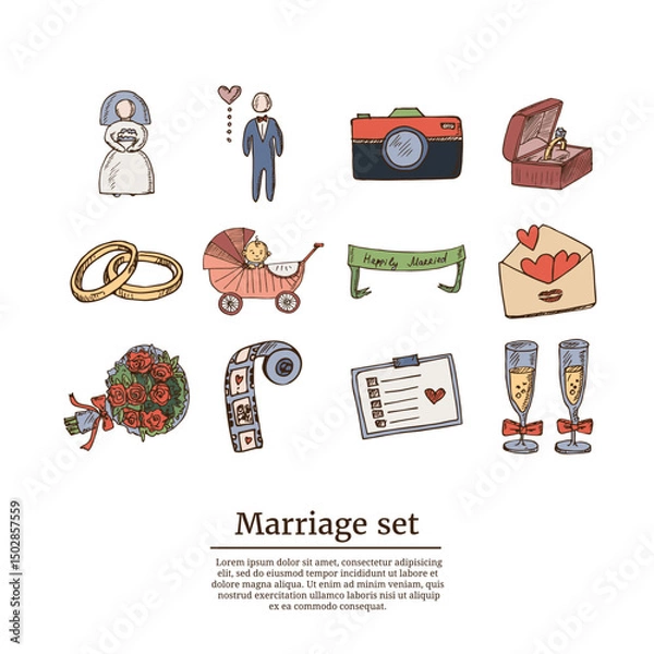 Obraz Marriage hand drawn doodle set. Vector illustration. Isolated elements on white background. Symbol collection.