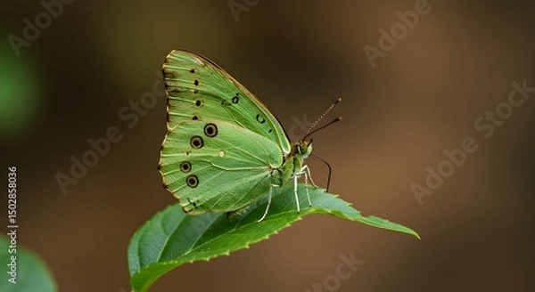 Fototapeta Vibrant Green Butterfly Resting on a Leaf Close-Up Nature Photography