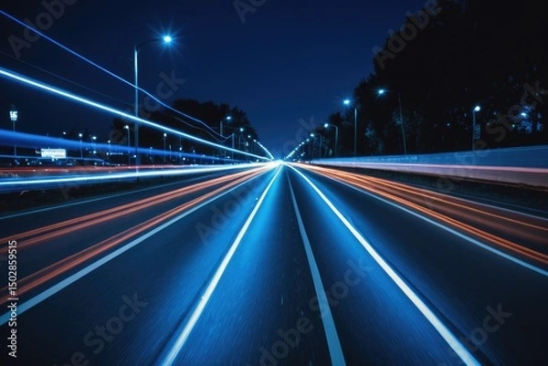 Fototapeta Aerial view of a highway at night with blurred traffic