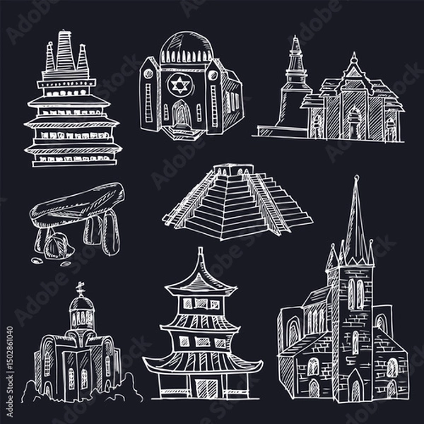 Obraz Temple hand drawn doodle set. Isolated elements on white background. Symbol collection.
