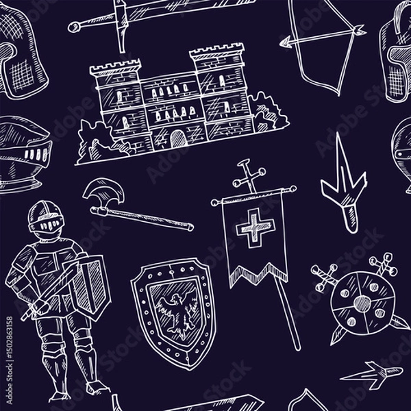 Fototapeta Medieval doodle seamless pattern Vector isolated objects