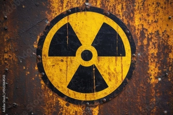 Fototapeta A yellow and black radioactive symbol on a rusty metal background, warning of potential hazards