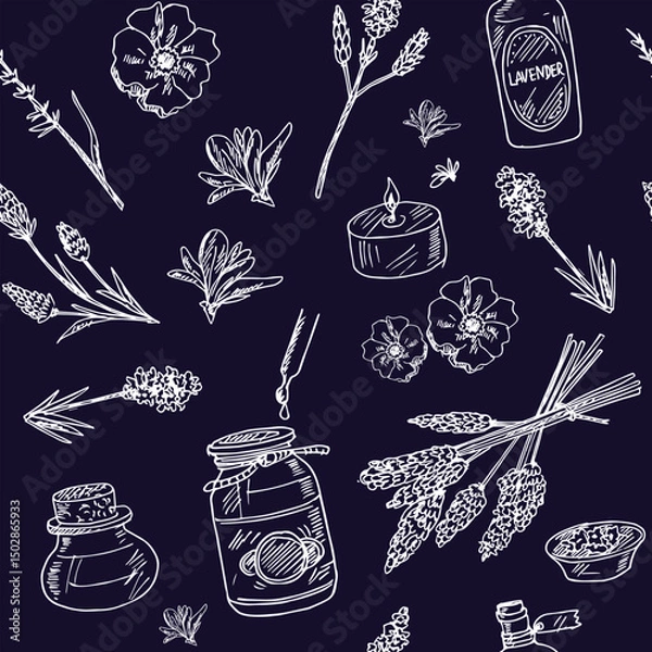 Obraz Lavender hand drawn doodle seamless pattern. Vector illustration. Isolated elements on white background. Symbol collection.