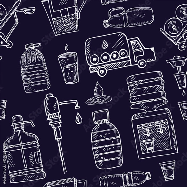 Fototapeta Water delivery hand drawn doodle seamless pattern. Isolated elements on white background. Symbol collection.