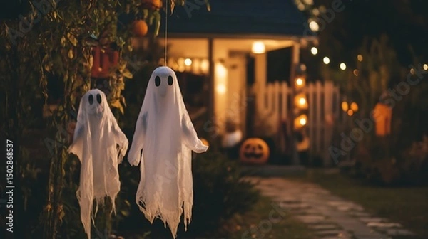 Obraz Enchanted Halloween Evening: Ghostly Decorations Adorn a Cozy Home