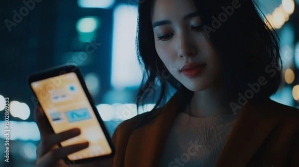 Obraz Woman Using Smartphone in Vibrant City Nightscape