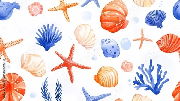 Obraz Vibrant Watercolor Seashells and Starfish Seamless Pattern