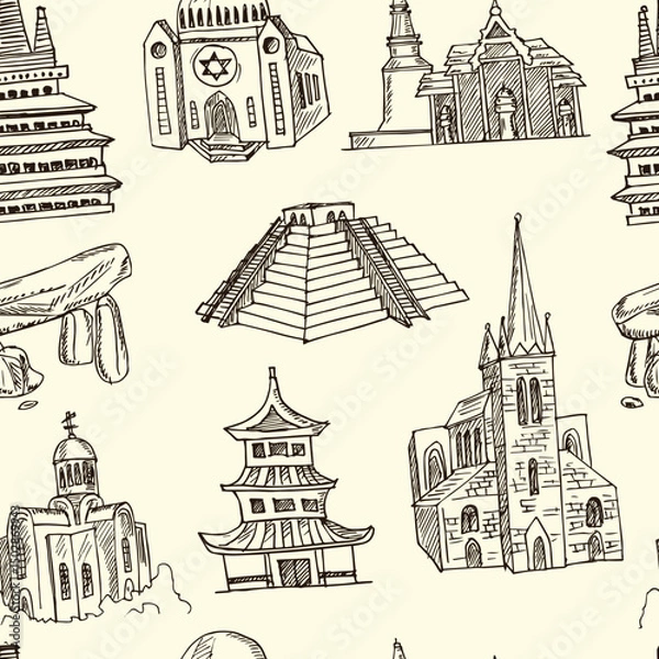 Fototapeta Temple hand drawn doodle seamless pattern. Isolated elements on white background. Symbol collection.