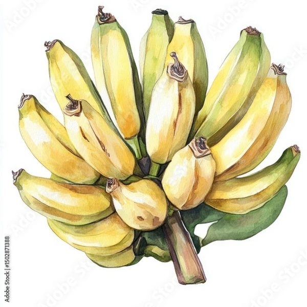 Obraz A cluster of ripe bananas, yellow and light green, depicted in a detailed watercolor style.  The bananas are arranged closely together on a stem, with variations in shade and texture
