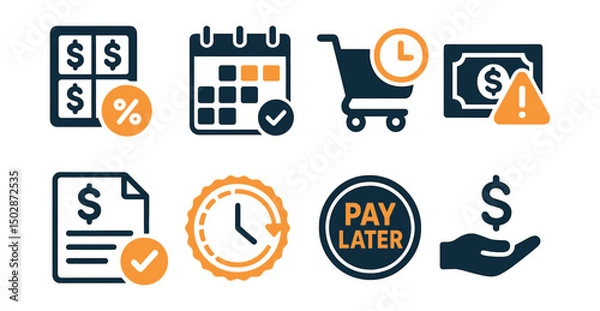 Obraz Two-Color vector icons of buy now pay later: installment plan, credit approval, shopping cart with clock, delayed payment. Billing notice, payment schedule, pay later badge, financing option.