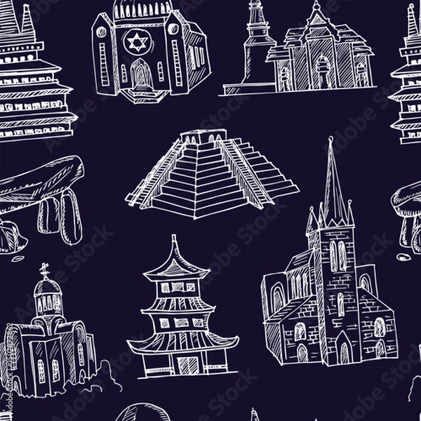 Fototapeta Temple hand drawn doodle seamless pattern. Isolated elements on white background. Symbol collection.