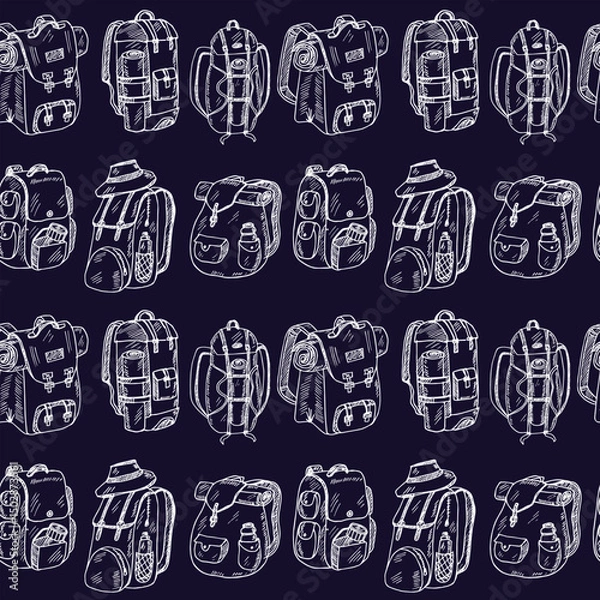 Obraz Camping backpack hand drawn doodle seamless pattern. Vector illustration. Isolated elements on white background. Symbol collection.